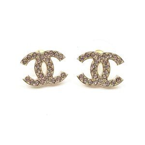 Chanel Brand New Classic Gold CC Crystal Medium Piercing Earrings